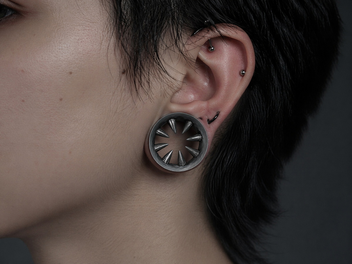 Close-up view of a fanged ear tunnel worn as body jewelry by a woman, featuring sharp sculpted teeth integrated with organic gum forms around the opening.